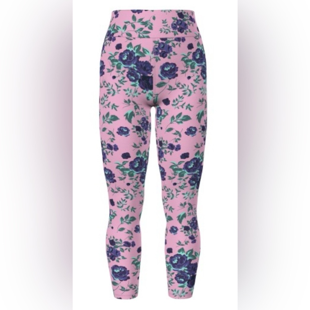 LuLaRoe Pink Leggings with Purple Floral and Green Leaves